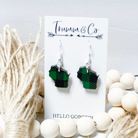 Wisconsin|State-ment|Laser Cut|Buffalo Plaid|Wood|Earrings