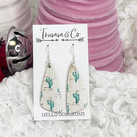 Green Cacti Print Leather/Cork Earrings|Backed with Genuine tan leather