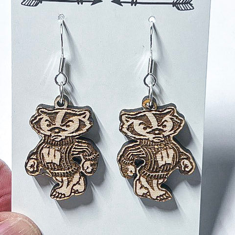 Bucky Badger wood dangle earrings hanging off a white earring card