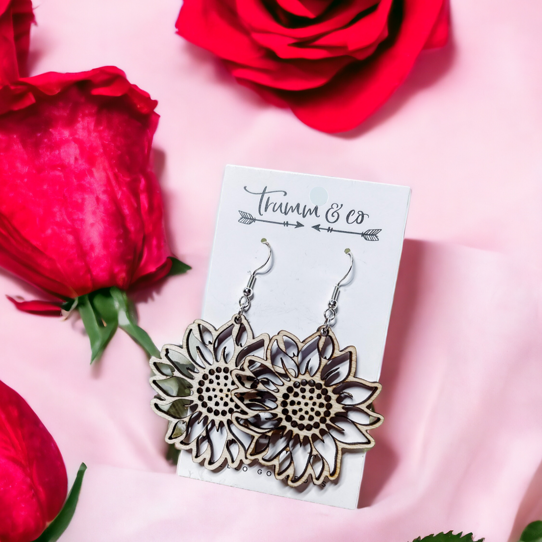 Sunflower Laser cut Wood Lightweight Earrings dangle Trumm Co LLC