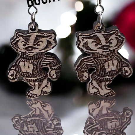 Bucky Badger earrings with a christ Bokeh background