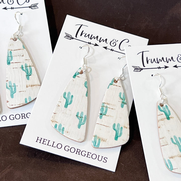 Green Cacti Print Leather/Cork Earrings|Backed with Genuine tan leather