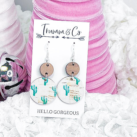 Green Cacti Print Leather/Cork Earrings|Backed with Genuine tan leather