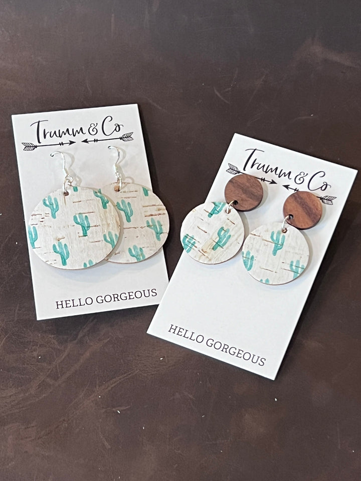 Green Cacti Print Leather/Cork Earrings|Backed with Genuine tan leather