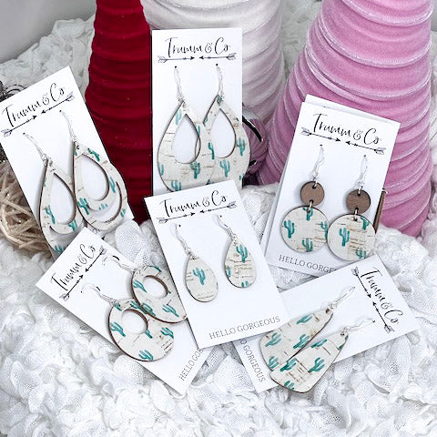 Green Cacti Print Leather/Cork Earrings|Backed with Genuine tan leather