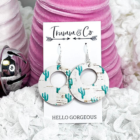 Green Cacti Print Leather/Cork Earrings|Backed with Genuine tan leather