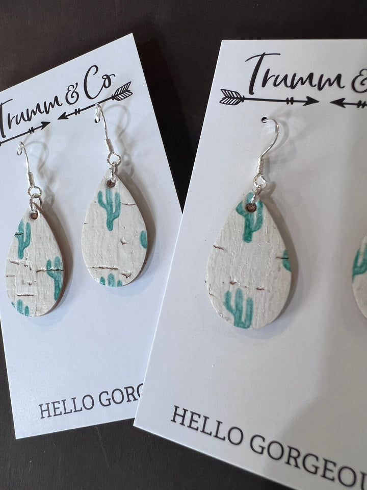 Green Cacti Print Leather/Cork Earrings|Backed with Genuine tan leather