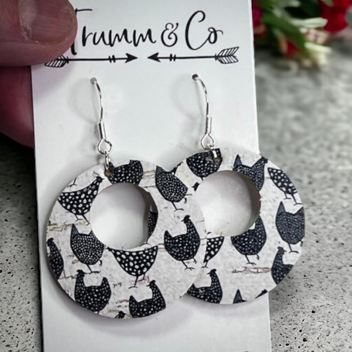 Chicken print leather cork earrings