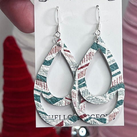 Holiday earrings, red, green, and white-teardrop dangle