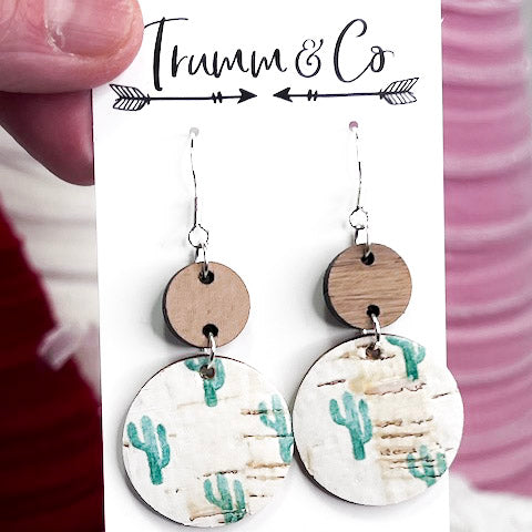 Green Cacti Print Leather/Cork Earrings|Backed with Genuine tan leather