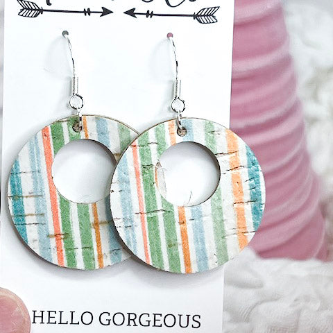 Striped, blue, green, and orange, open circle leather dangle earrings