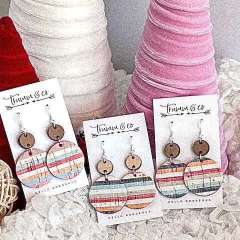 Multi-Colored Striped Cork Earrings-Natural White and Red Leather backing
