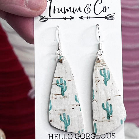Green Cacti Print Leather/Cork Earrings|Backed with Genuine tan leather