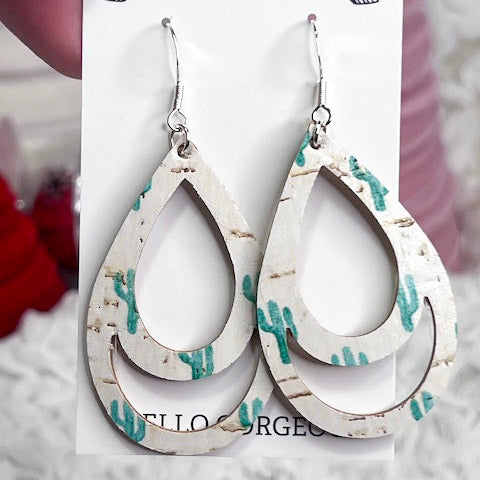 Green Cacti Print Leather/Cork Earrings|Backed with Genuine tan leather