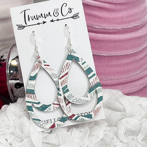 Holiday earrings, red, green, and white-teardrop dangle