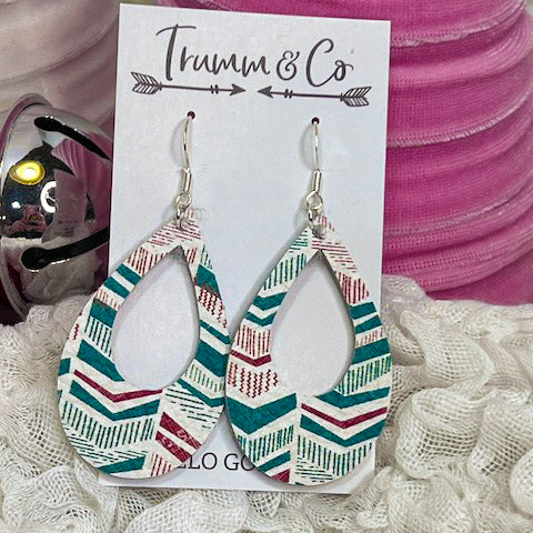Holiday earrings, red, green, and white-teardrop dangle on a Trumm & Co earring card