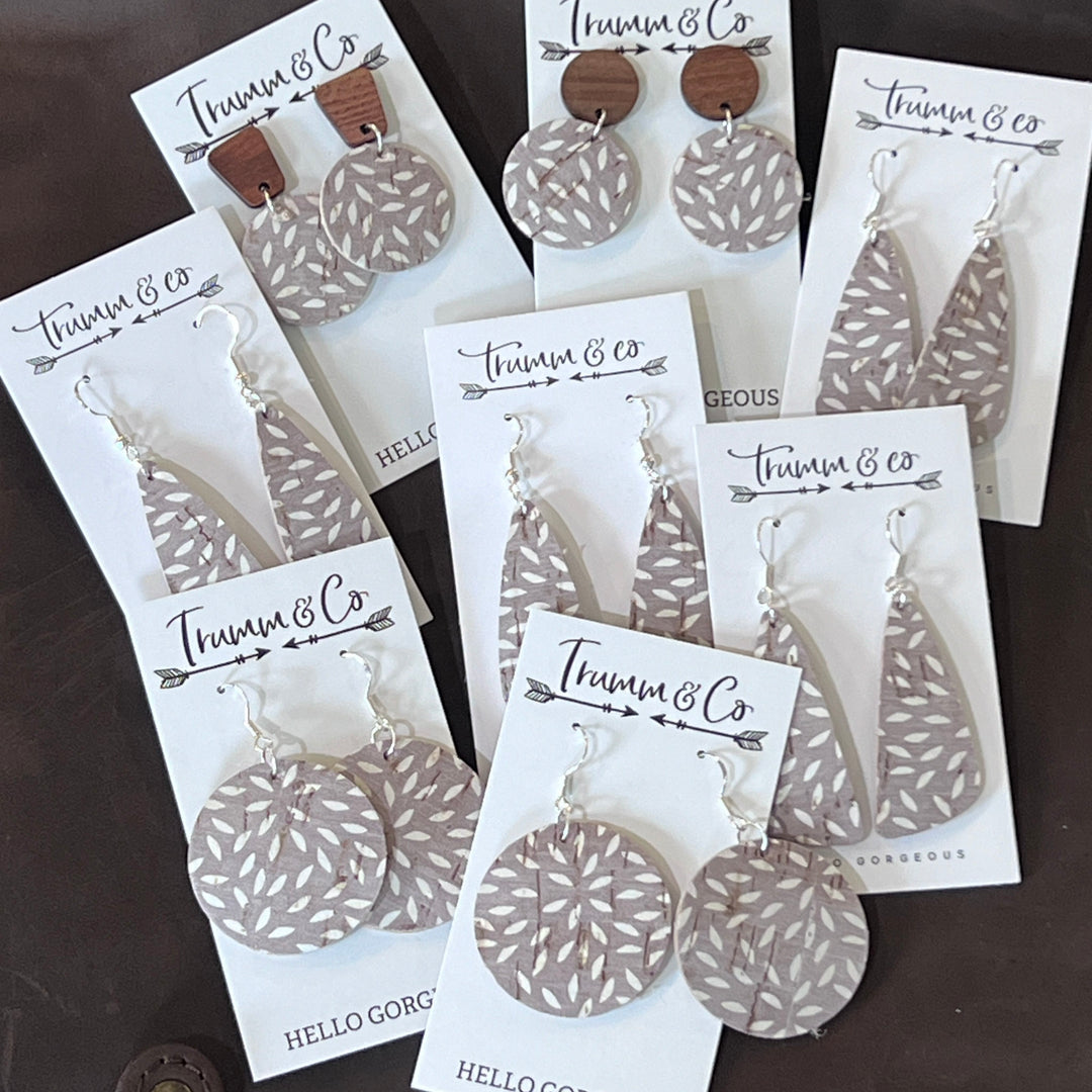 Ashy Taupe Cork/Leather Earrings with White Mum Design|Ivory Backed Leather