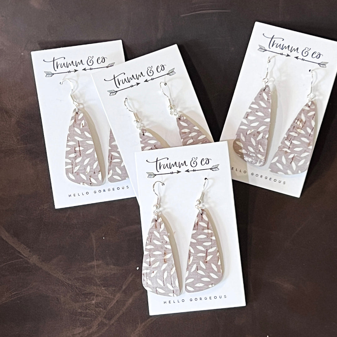 Ashy Taupe Cork/Leather Earrings with White Mum Design|Ivory Backed Leather