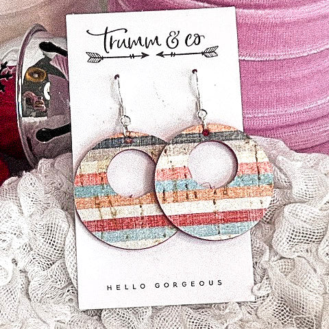 Multi-Colored Striped Cork Earrings-Natural White and Red Leather backing