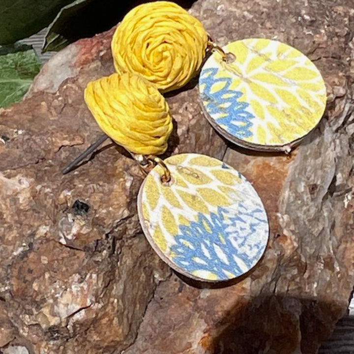 Fabric Stud| Blue/Yellow Cork Leather | Chrysanthemum | Lightweight Earrings |