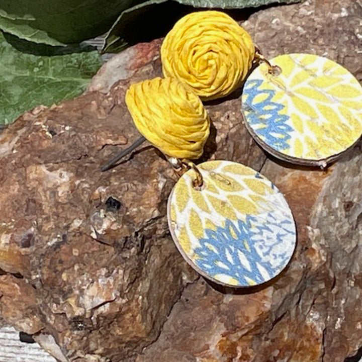 Fabric Stud| Blue/Yellow Cork Leather | Chrysanthemum | Lightweight Earrings |