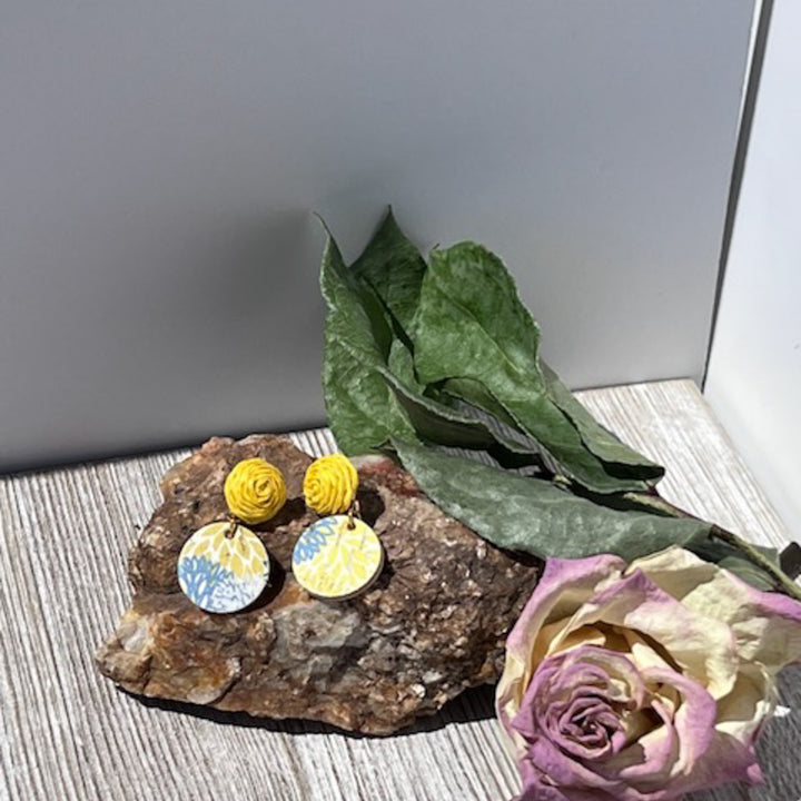 Fabric Stud| Blue/Yellow Cork Leather | Chrysanthemum | Lightweight Earrings |