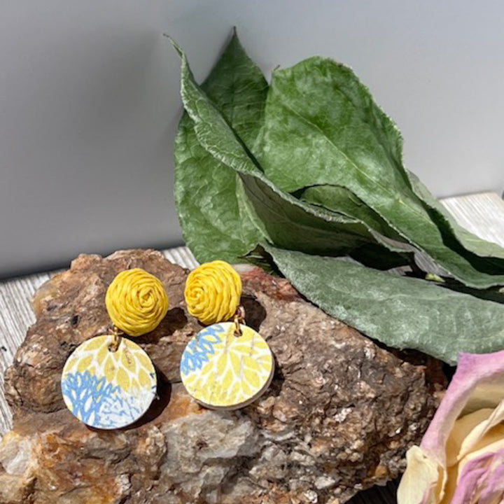 Fabric Stud| Blue/Yellow Cork Leather | Chrysanthemum | Lightweight Earrings |