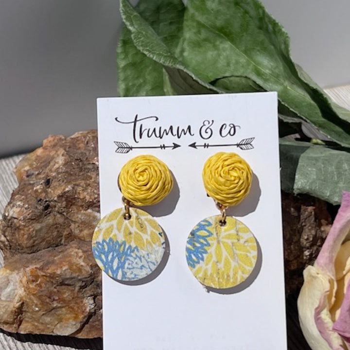 Fabric Stud| Blue/Yellow Cork Leather | Chrysanthemum | Lightweight Earrings |