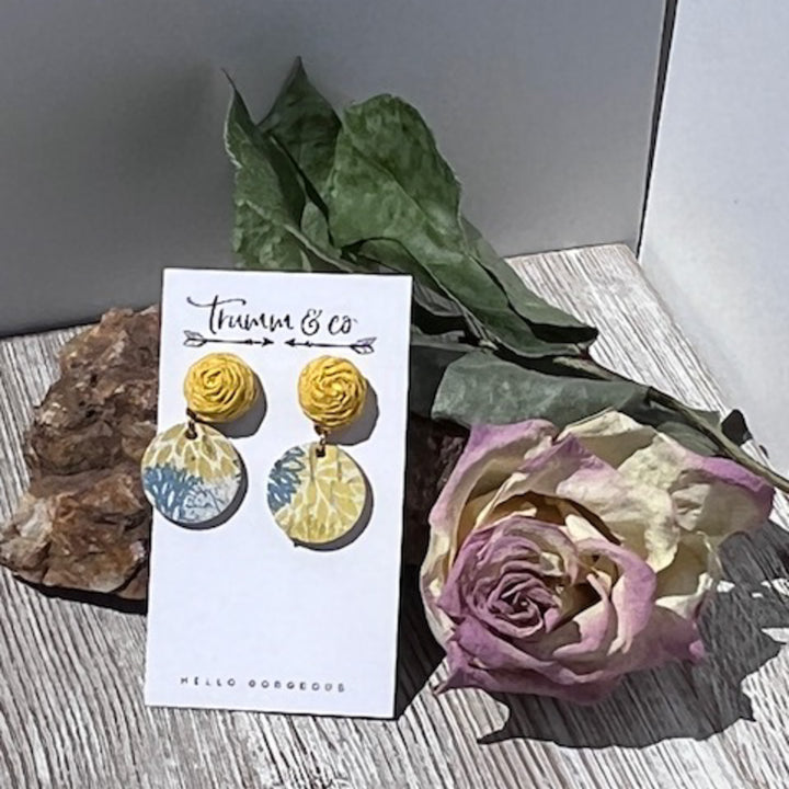 Fabric Stud| Blue/Yellow Cork Leather | Chrysanthemum | Lightweight Earrings |
