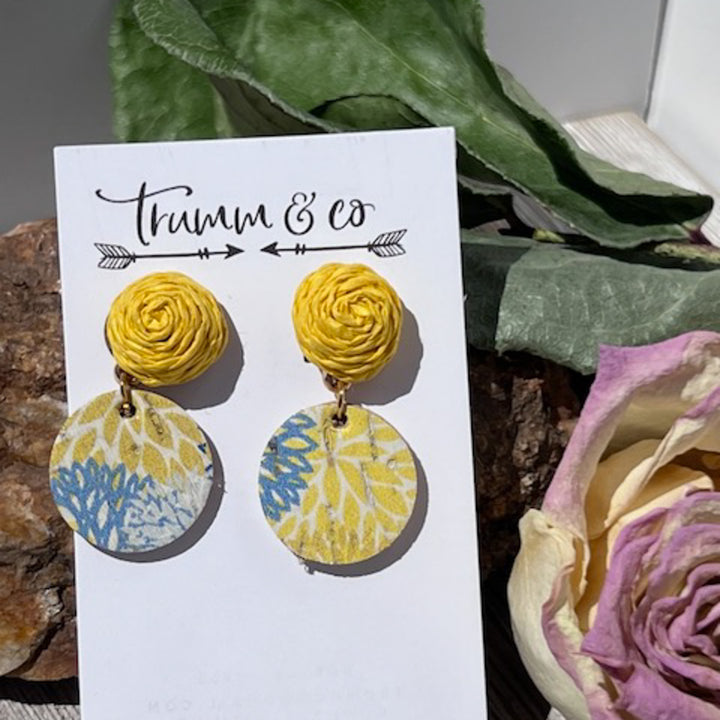 Fabric Stud| Blue/Yellow Cork Leather | Chrysanthemum | Lightweight Earrings |