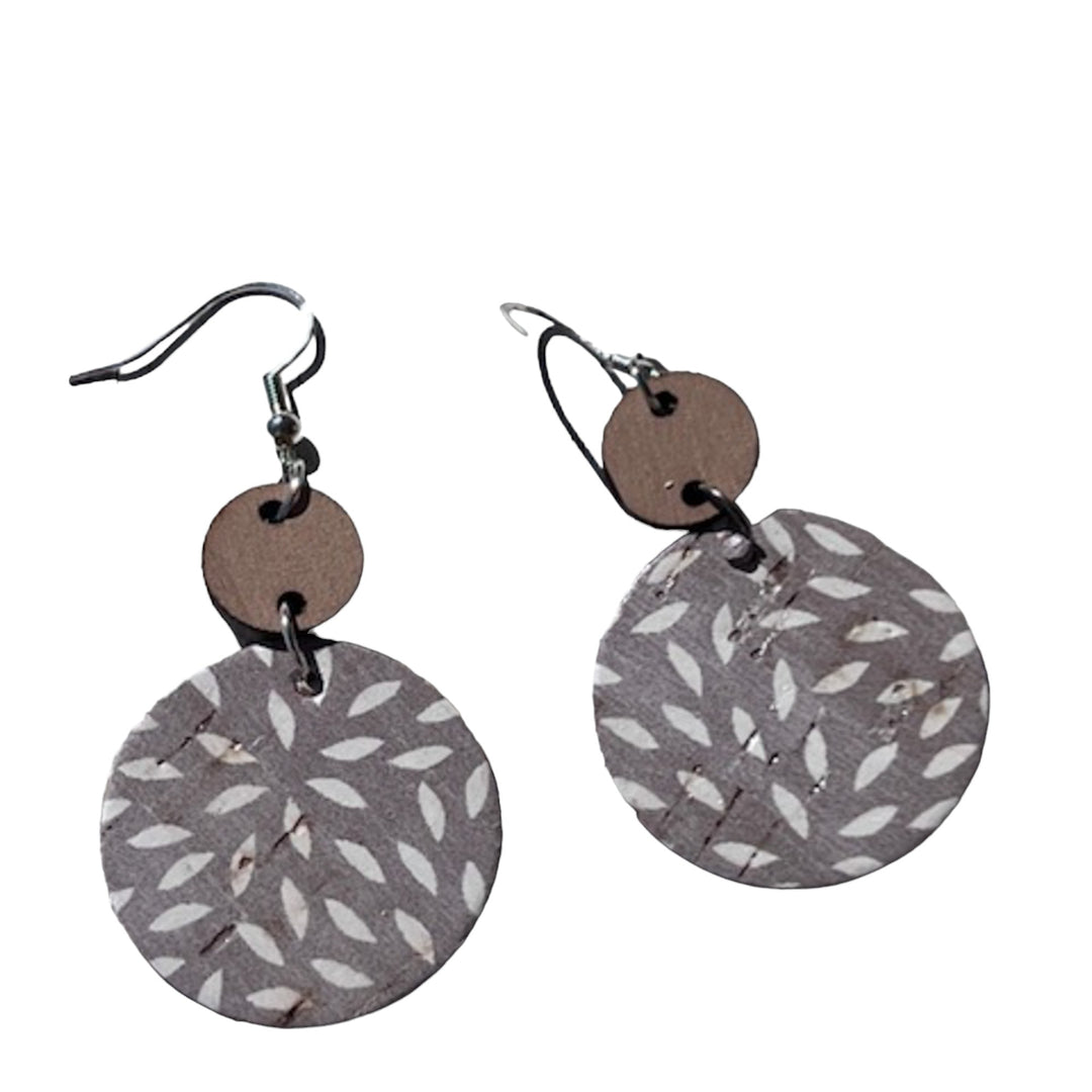 Lightweight Earrings-Ashy Taupe Cork Leather with White Mum Design| Trumm & Co.