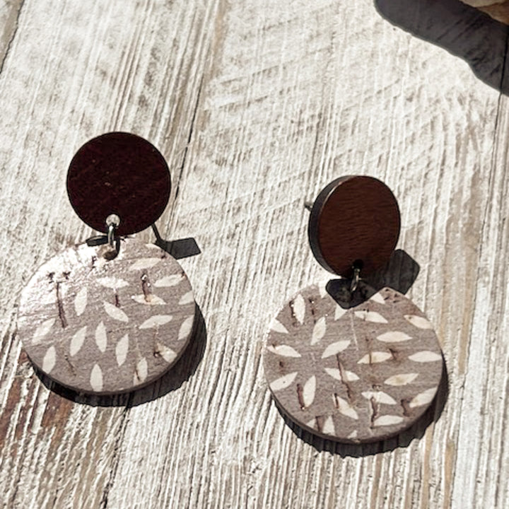 lightweight earrings, wood stud piece with cork leather ashy taupe color with ivory mum print