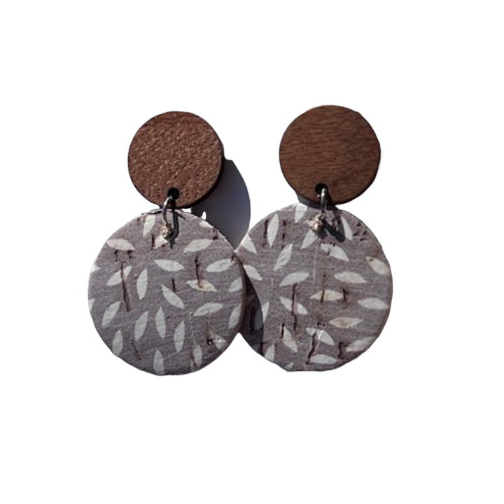 lightweight stud earrings with wood and leather, ashy taupe color leather with mum print