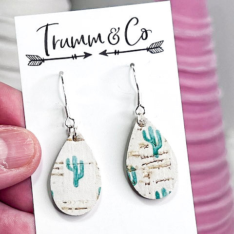 Green Cacti Print Leather/Cork Earrings|Backed with Genuine tan leather