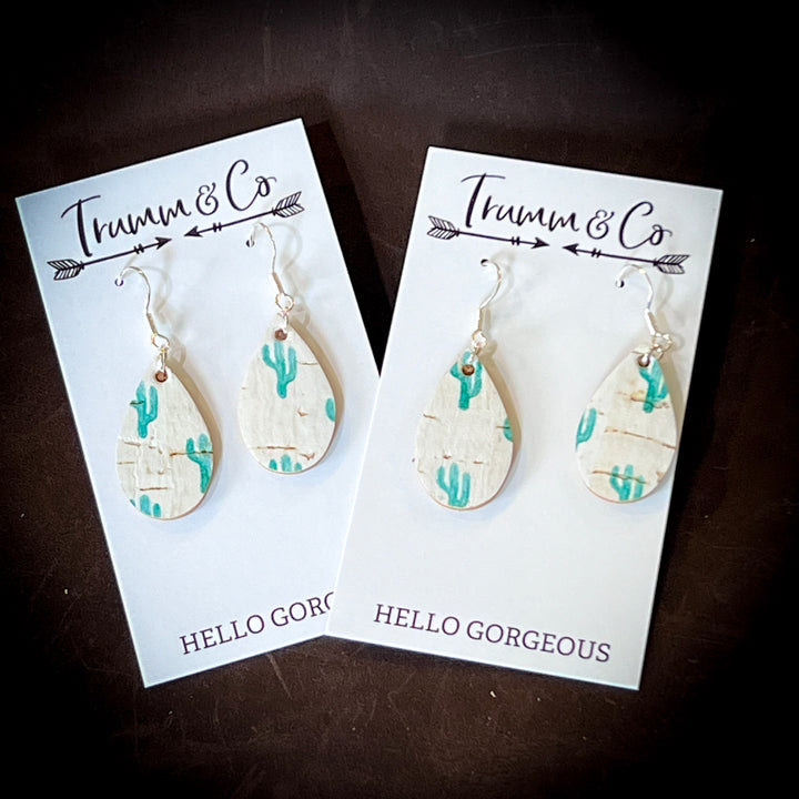 Green Cacti Print Leather/Cork Earrings|Backed with Genuine tan leather