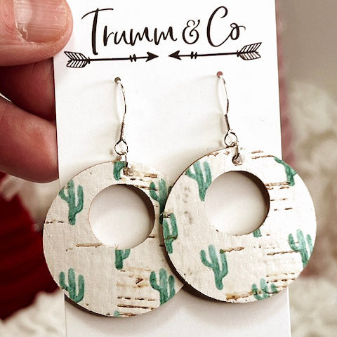 Green Cacti Print Leather/Cork Earrings|Backed with Genuine tan leather