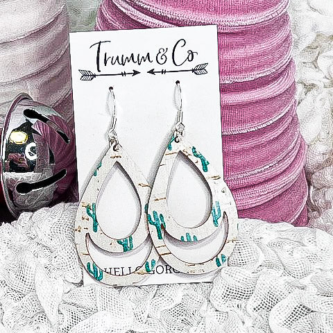 Green Cacti Print Leather/Cork Earrings|Backed with Genuine tan leather