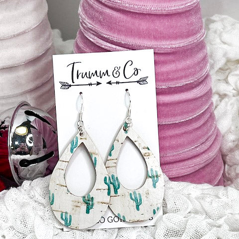 Green Cacti Print Leather/Cork Earrings|Backed with Genuine tan leather