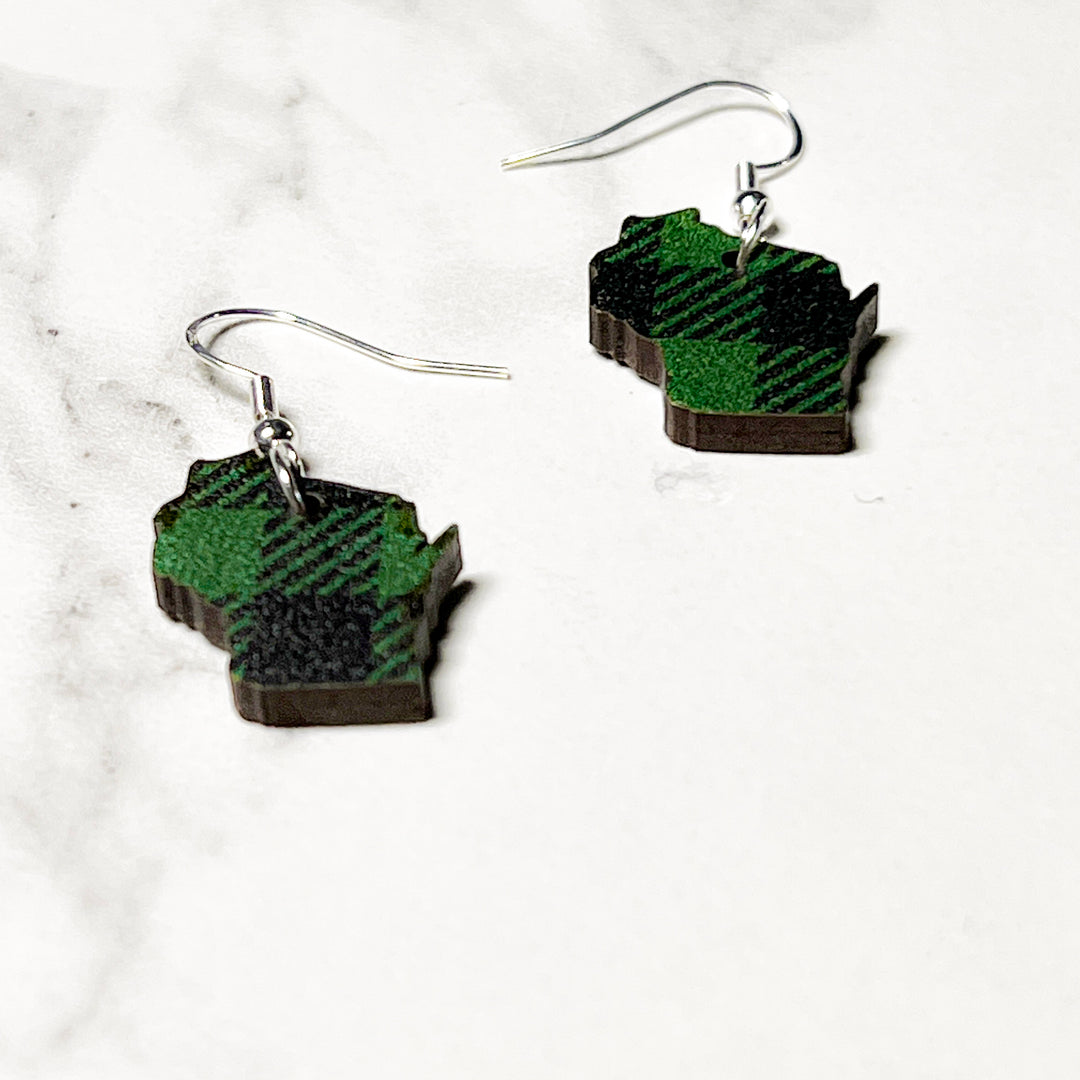 Wisconsin|State-ment|Laser Cut|Buffalo Plaid|Wood|Earrings