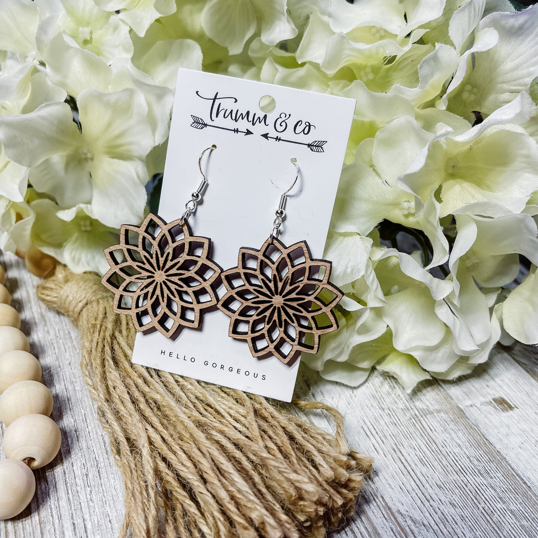 Cherry wood intricate flower dangle earrings by Trumm & Co