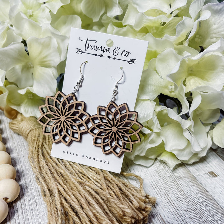 Cherry wood laser cut dangle earrings, by trumm and co