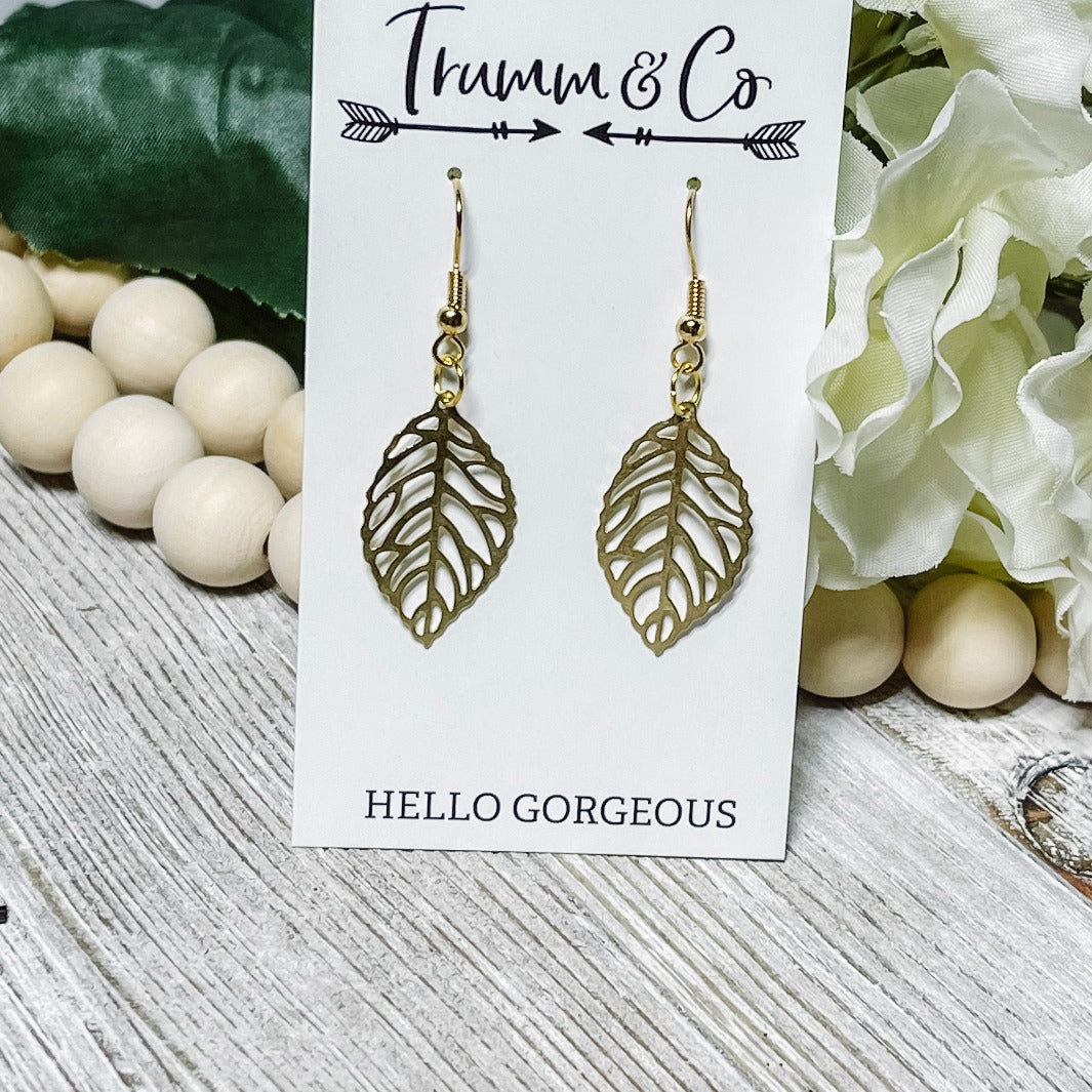 Brass gold intricate leaf dangle earrings