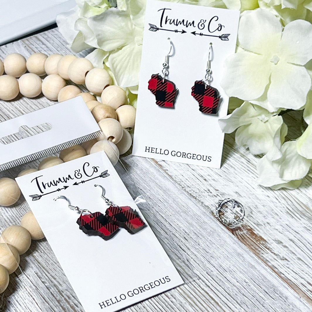 Two pair of Wisconsin State shape Red and Black Plaid dangle earrings made by Trumm & Co 