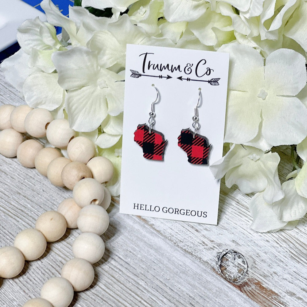 Red and Black Wisconsin State Dangle earrings on a white Trumm & Co earring card, made by Trumm & Co.