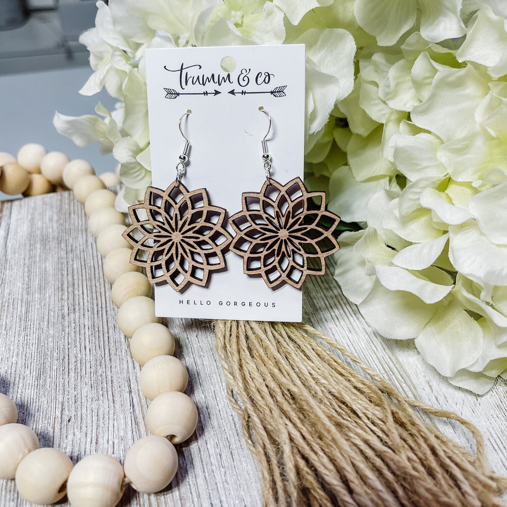 Cherry, wood laser cut, earrings, on white card by trumm and co