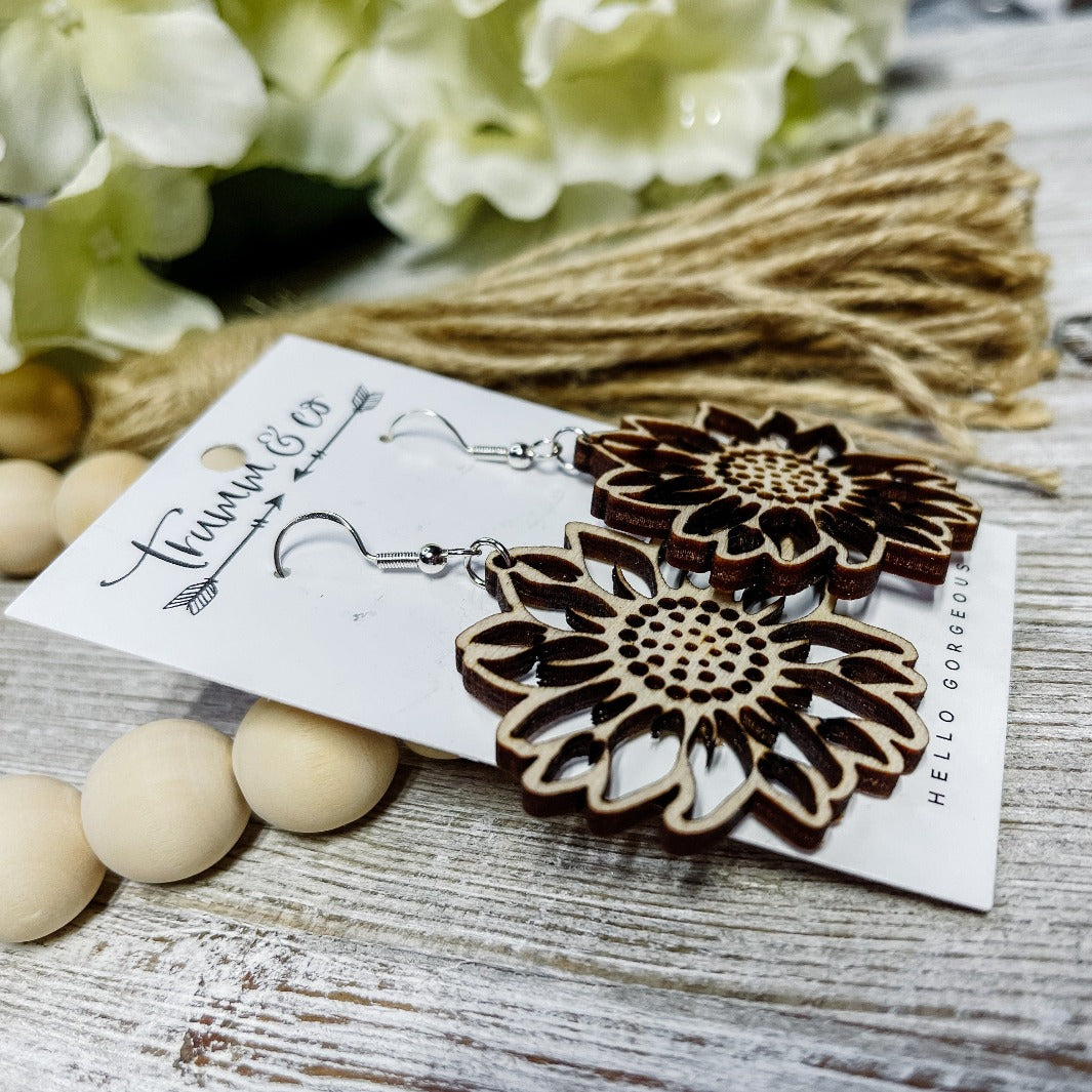 Lightweight, Wood, Sunflower earrings, by Trumm & Co.
